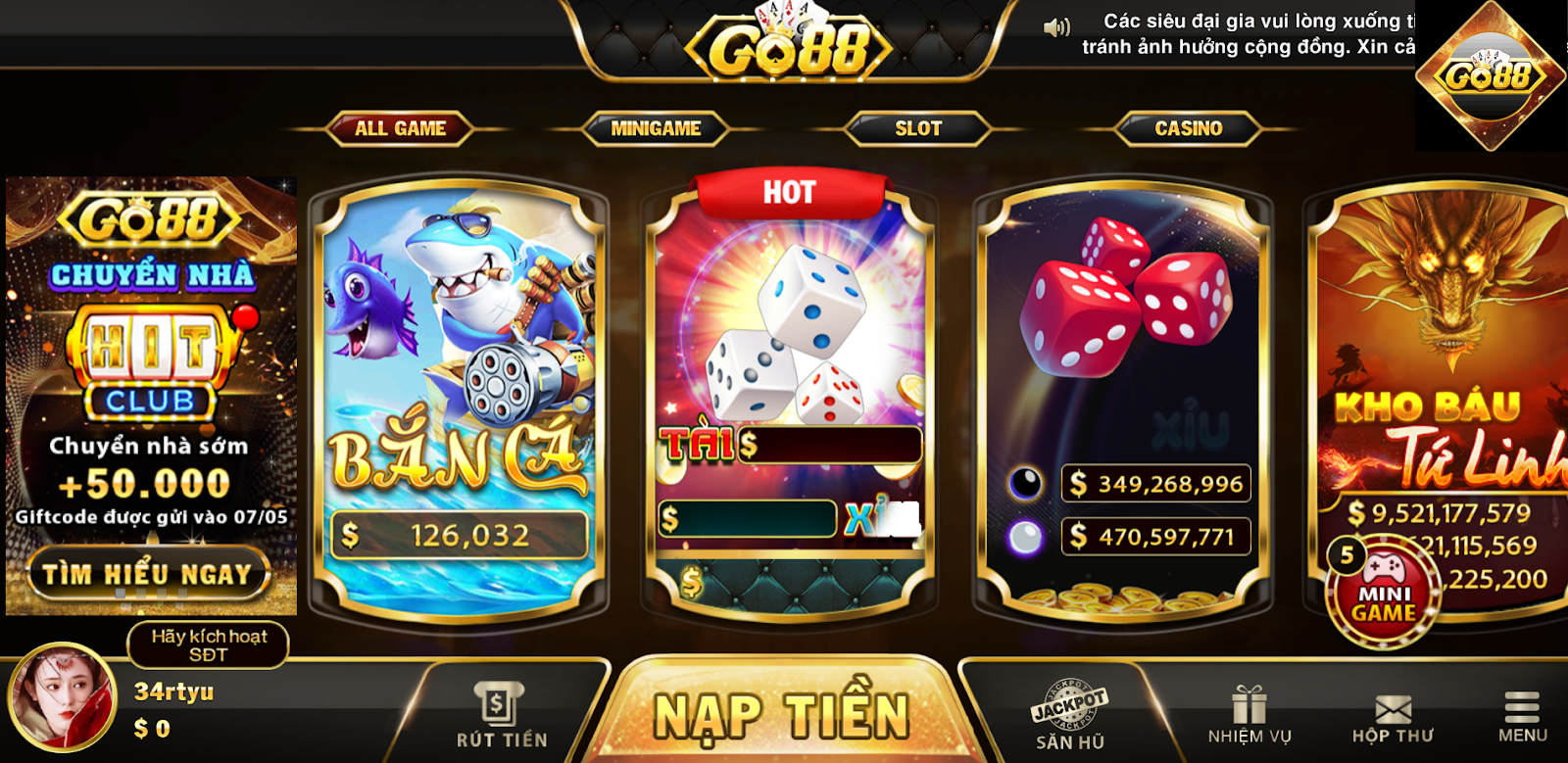 Khám phá thế giới game Go88